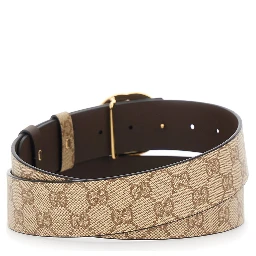 Beige Reversible Belt with GG Intreccio Buckle in GG Canvas and Leather for Men