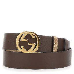 Beige Reversible Belt with GG Intreccio Buckle in GG Canvas and Leather for Men