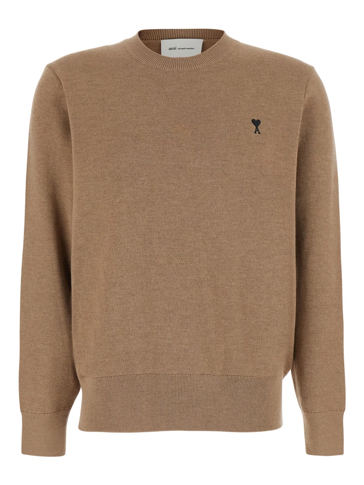 Beige Crewneck Sweater with ADC Embroidery on the Front in Blend Wool Men