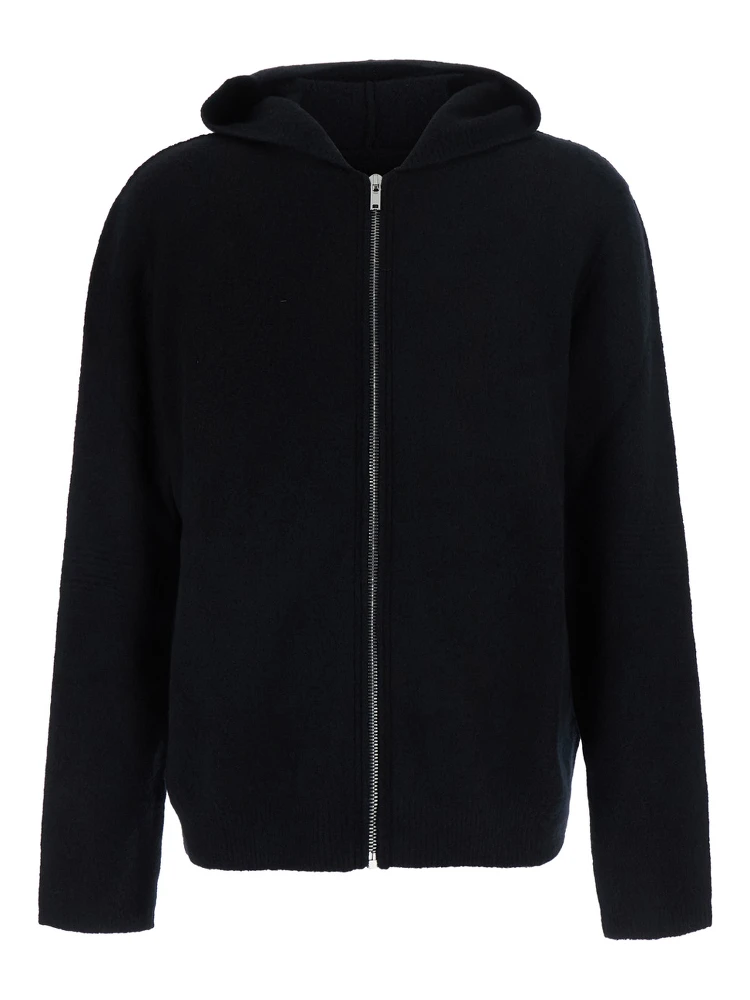Black Hooded sweatshirt with fixed hood and front zip closure in cotton for men