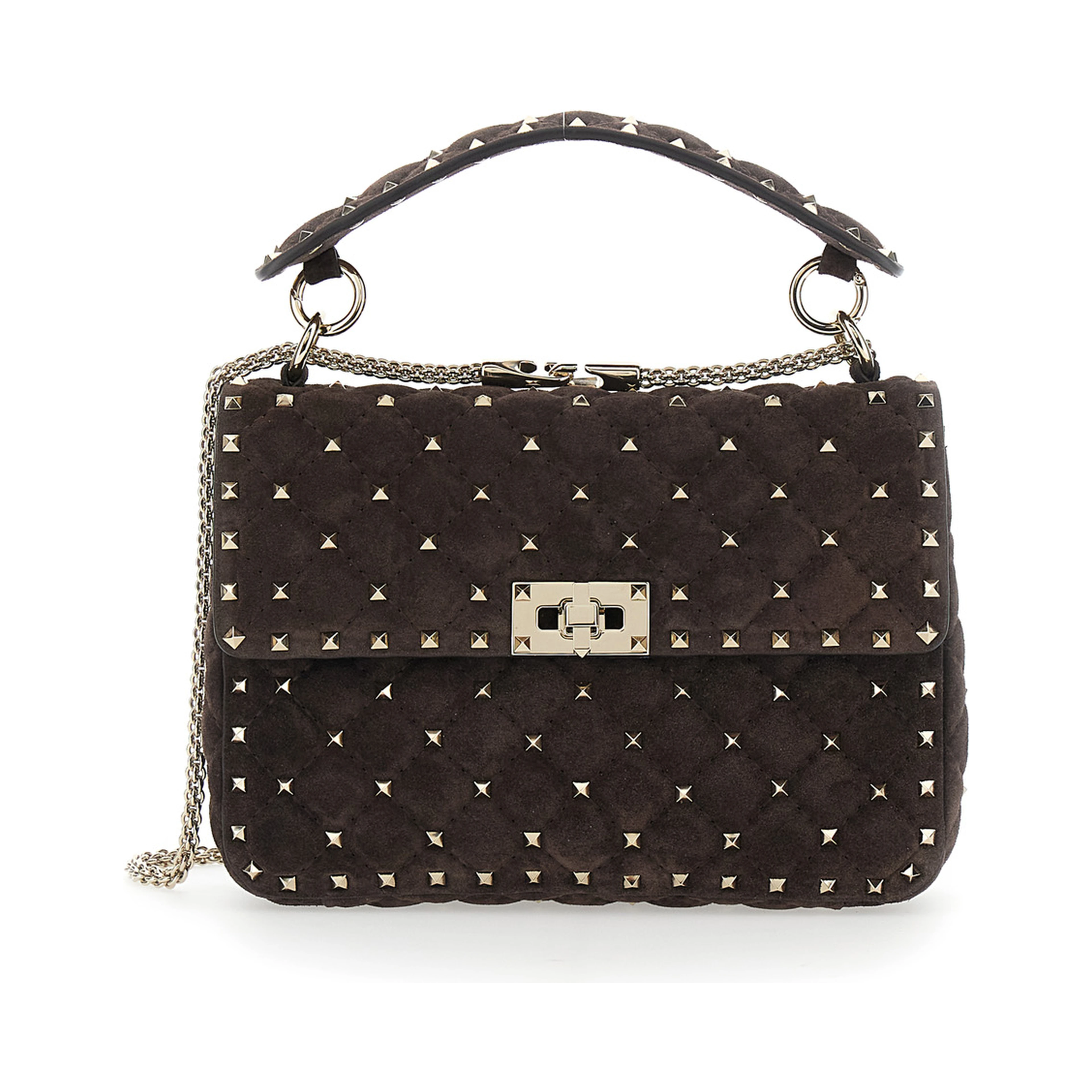 Brown Medium Crossbody Bag with Chain Strap and Rockstud Decorations in Suede for Women