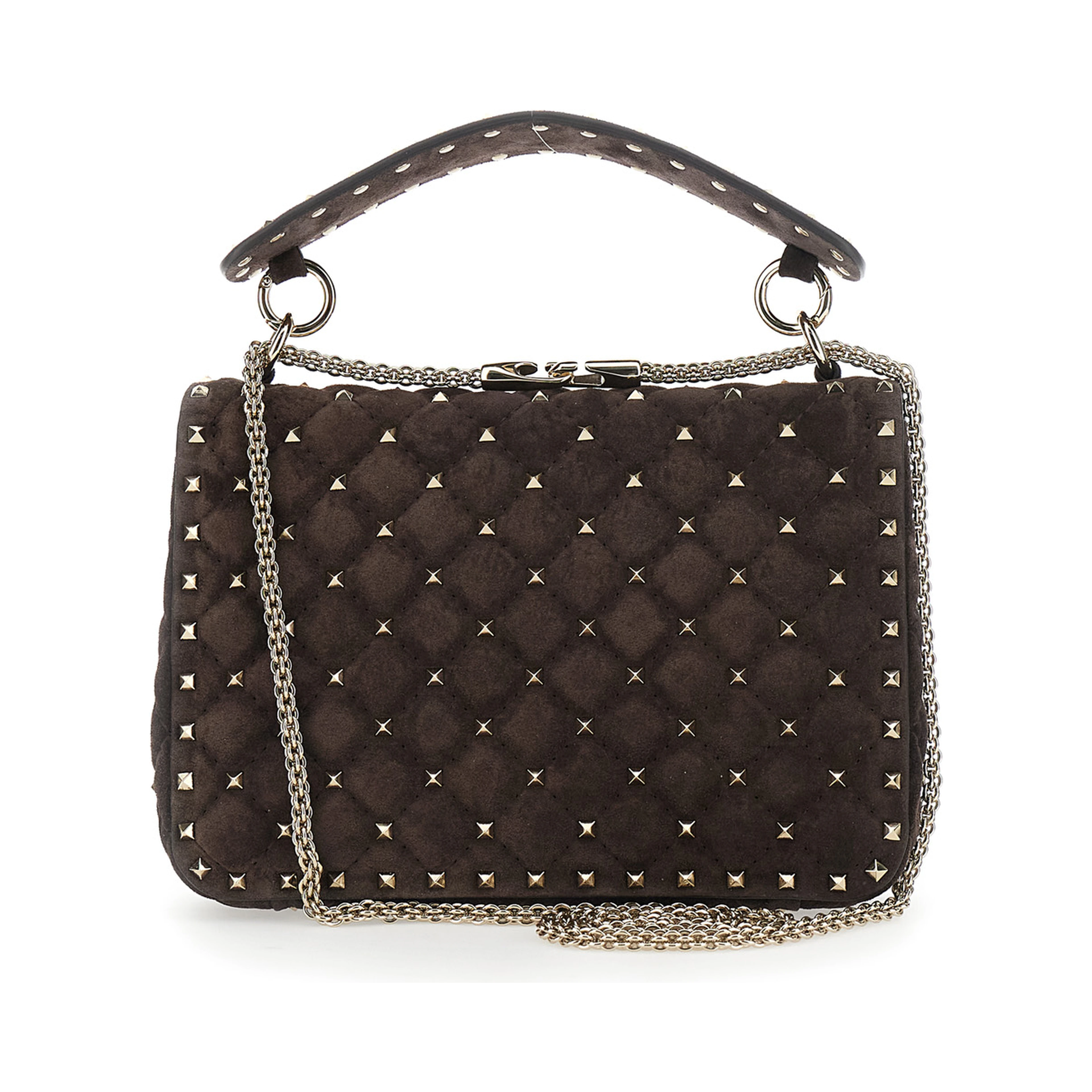 Brown Medium Crossbody Bag with Chain Strap and Rockstud Decorations in Suede for Women