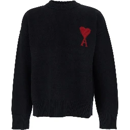 Crewneck Sweater with ADC Embroidery on the Front in Black Wool for Men