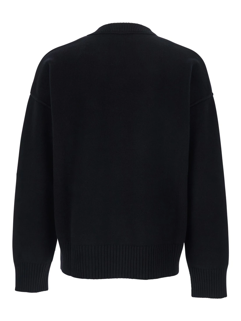 Crewneck Sweater with ADC Embroidery on the Front in Black Wool for Men