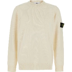 White Crewneck sweater with logo patch on the sleeve in wool for men