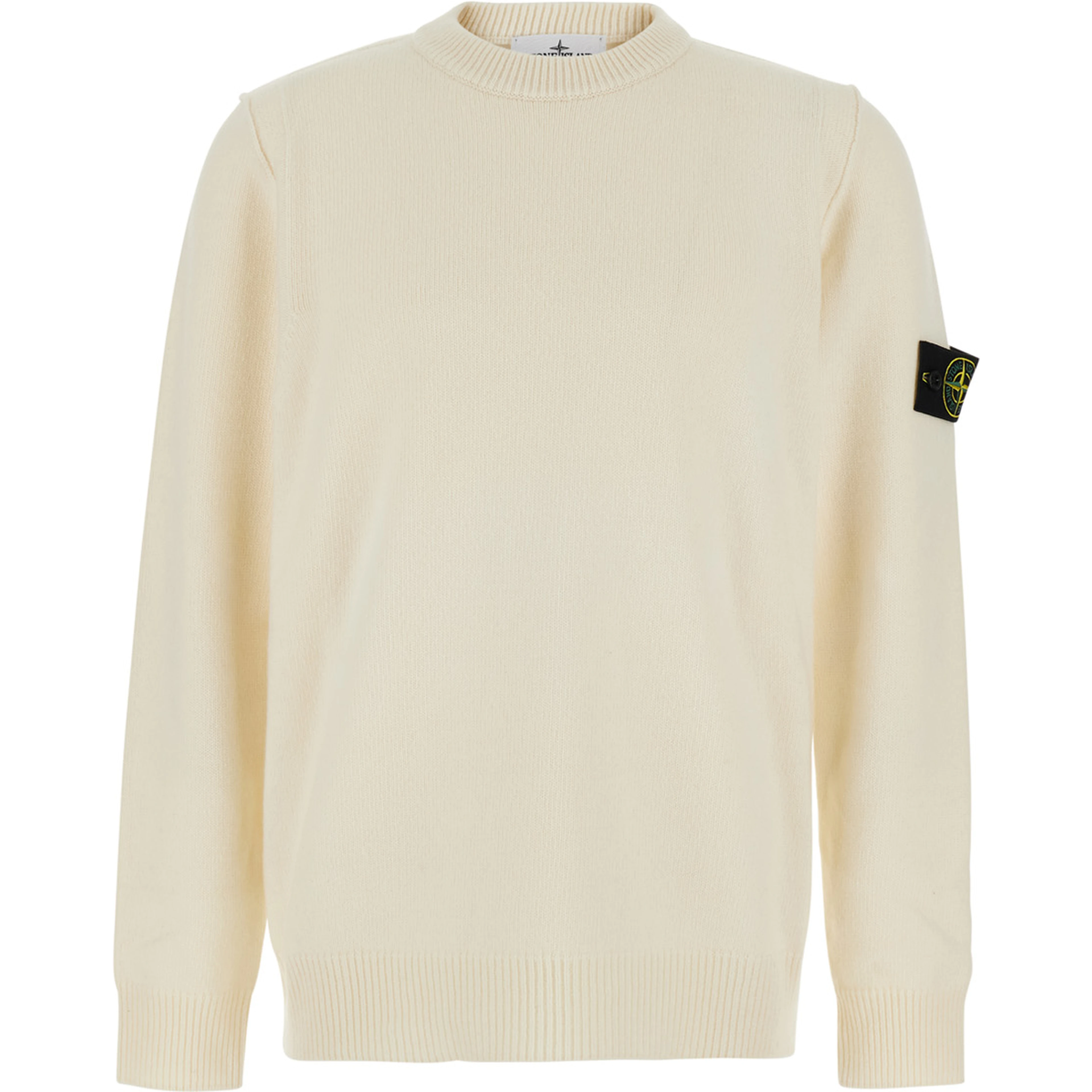 White Crewneck sweater with logo patch on the sleeve in wool for men