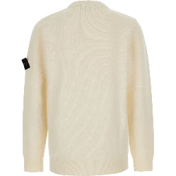 White Crewneck sweater with logo patch on the sleeve in wool for men
