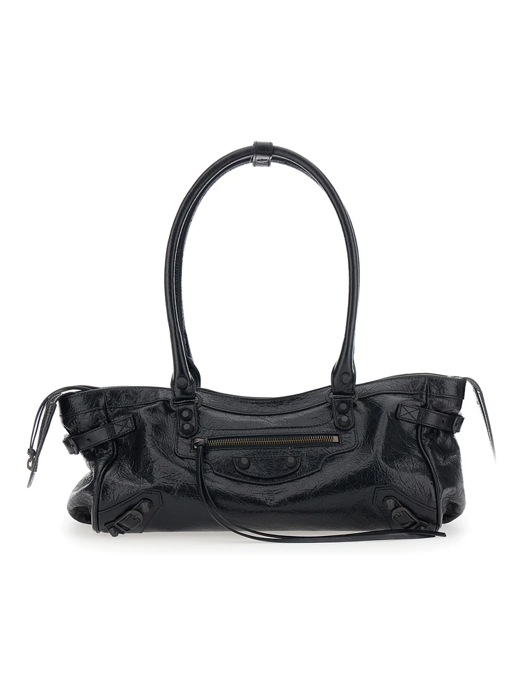 Le City East West Black Shoulder Bag with Two Top Handles and Zip Closure in Leather for Women