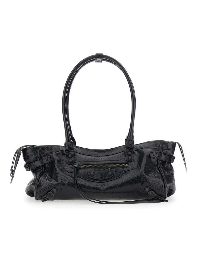 Le City East West Black Shoulder Bag with Two Top Handles and Zip Closure in  Leather for Women