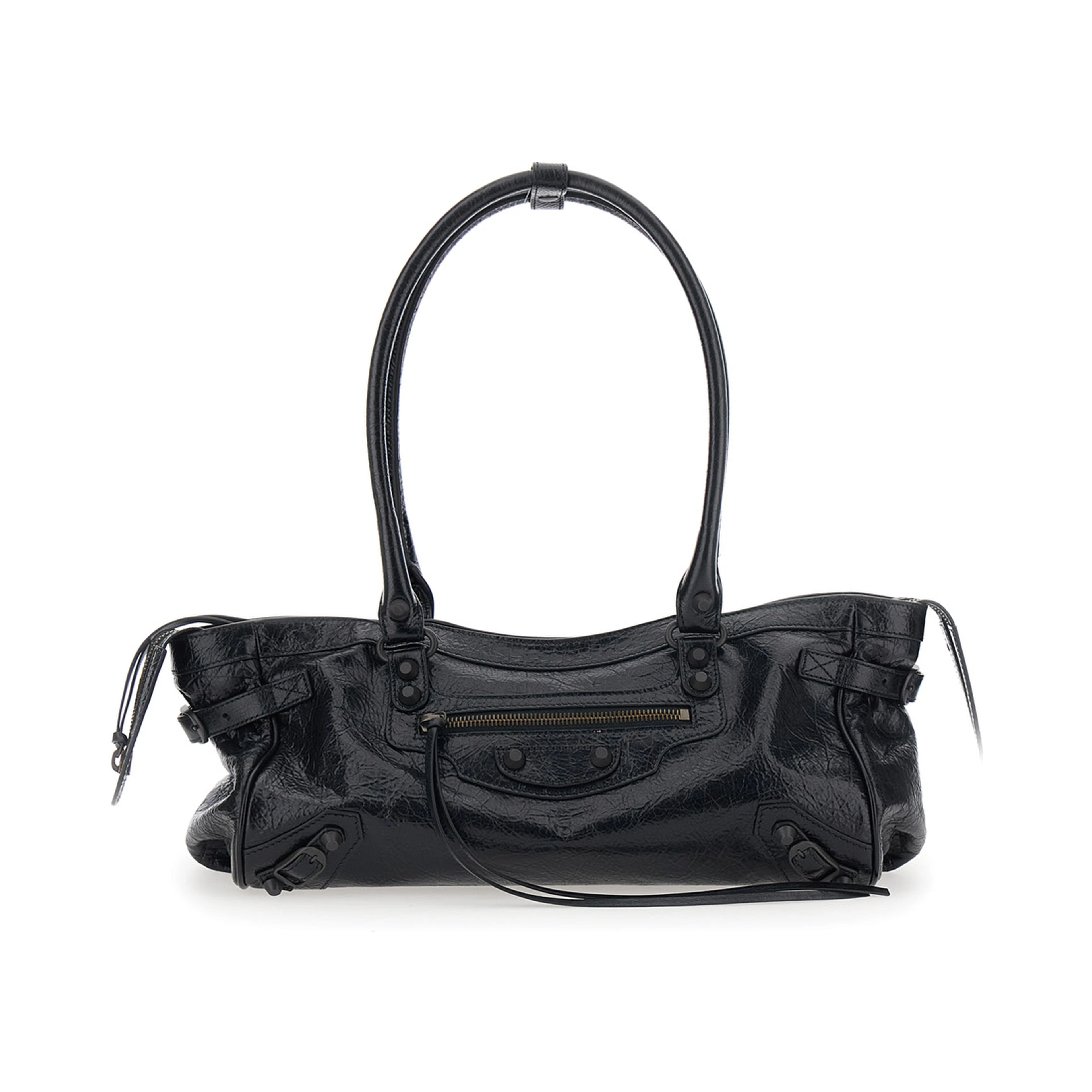 Le City East West Black Shoulder Bag with Two Top Handles and Zip Closure in  Leather for Women