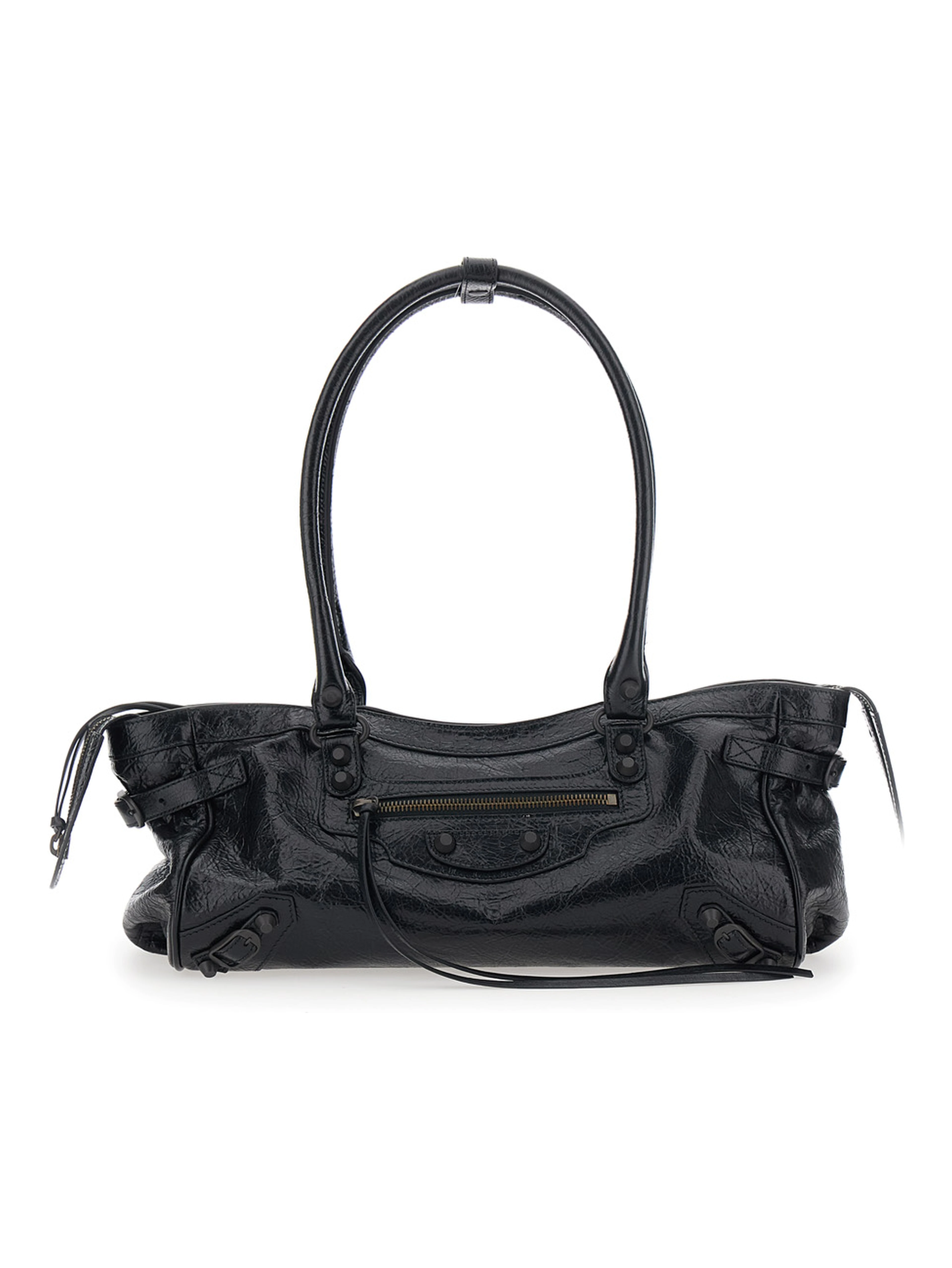 Le City East West Black Shoulder Bag with Two Top Handles and Zip Closure in Leather for Women