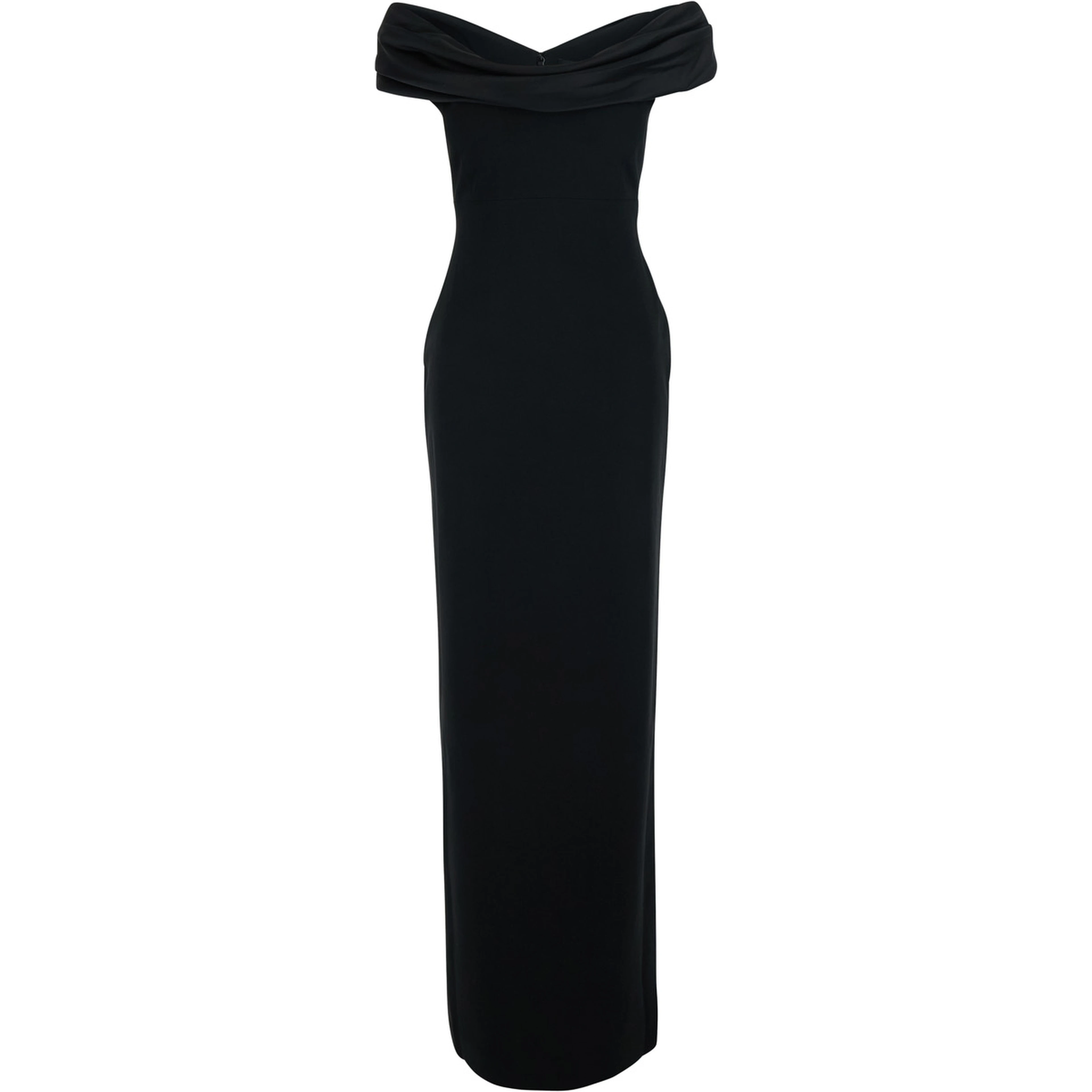 Adele Long black dress with Off-shoulder design and Draped Neckline in Tech Fabric for Women