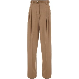 Beige High-Waisted Trousers with Front Pleats in wool Blend for Women