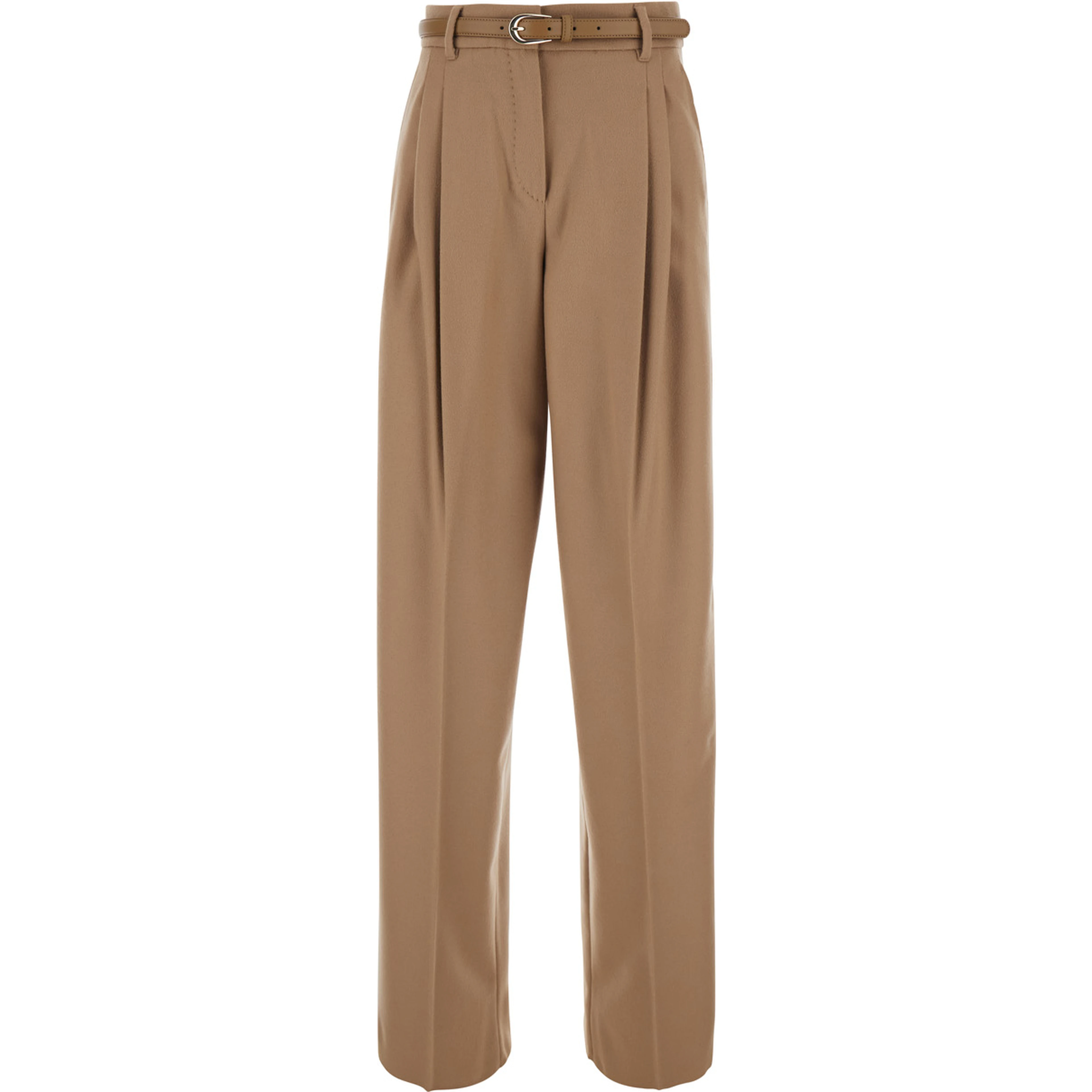 Beige High-Waisted Trousers with Front Pleats in wool Blend for Women