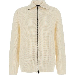 White Cardigan with zip closure and ribbed design in Blend wool for men