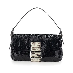Black Shoulder bag with All-Over Sequins and FF plate on the Front in Tech Fabric for Women