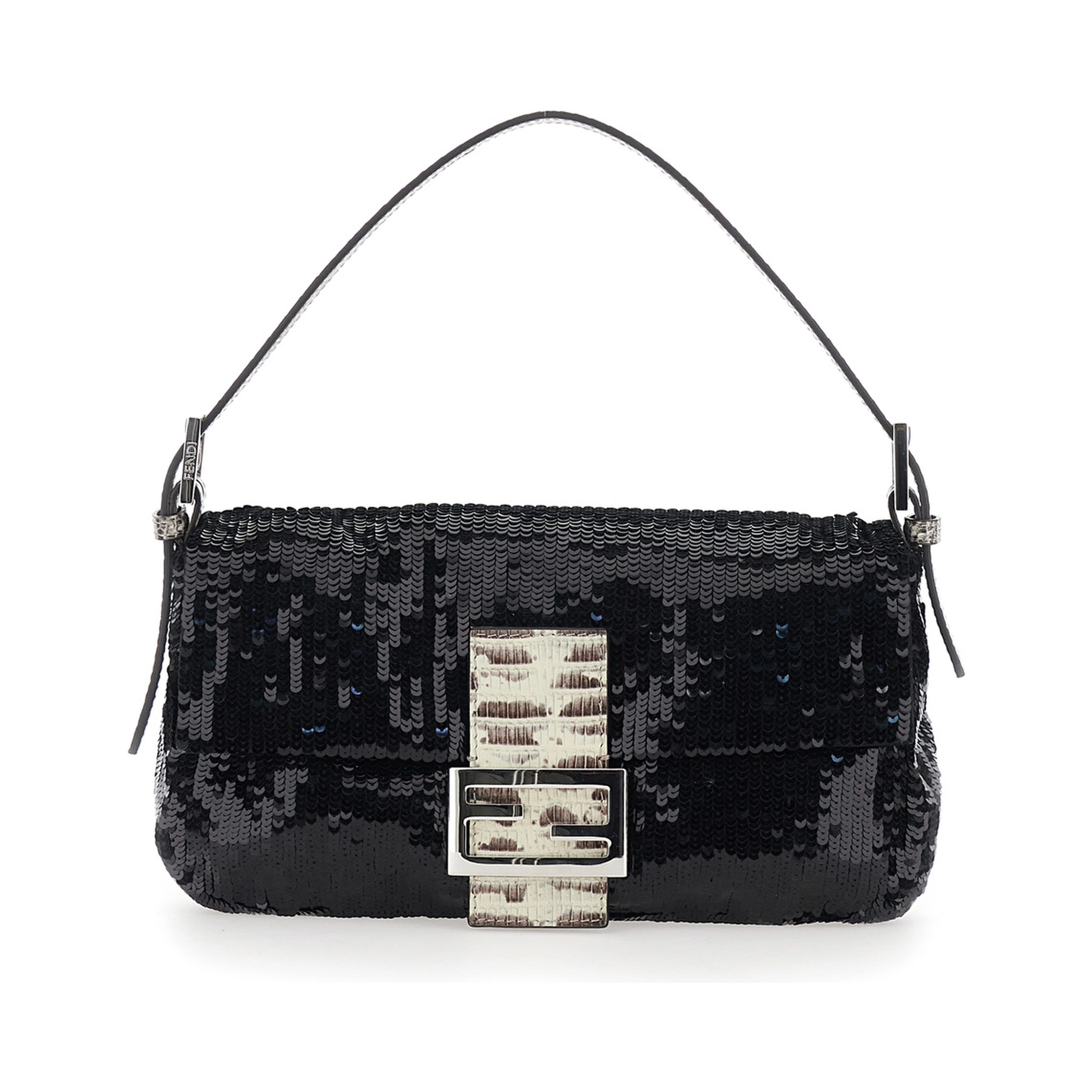 Black Shoulder bag with All-Over Sequins and FF plate on the Front in Tech Fabric for Women