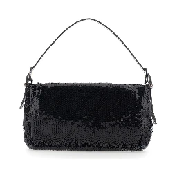Black Shoulder bag with All-Over Sequins and FF plate on the Front in Tech Fabric for Women
