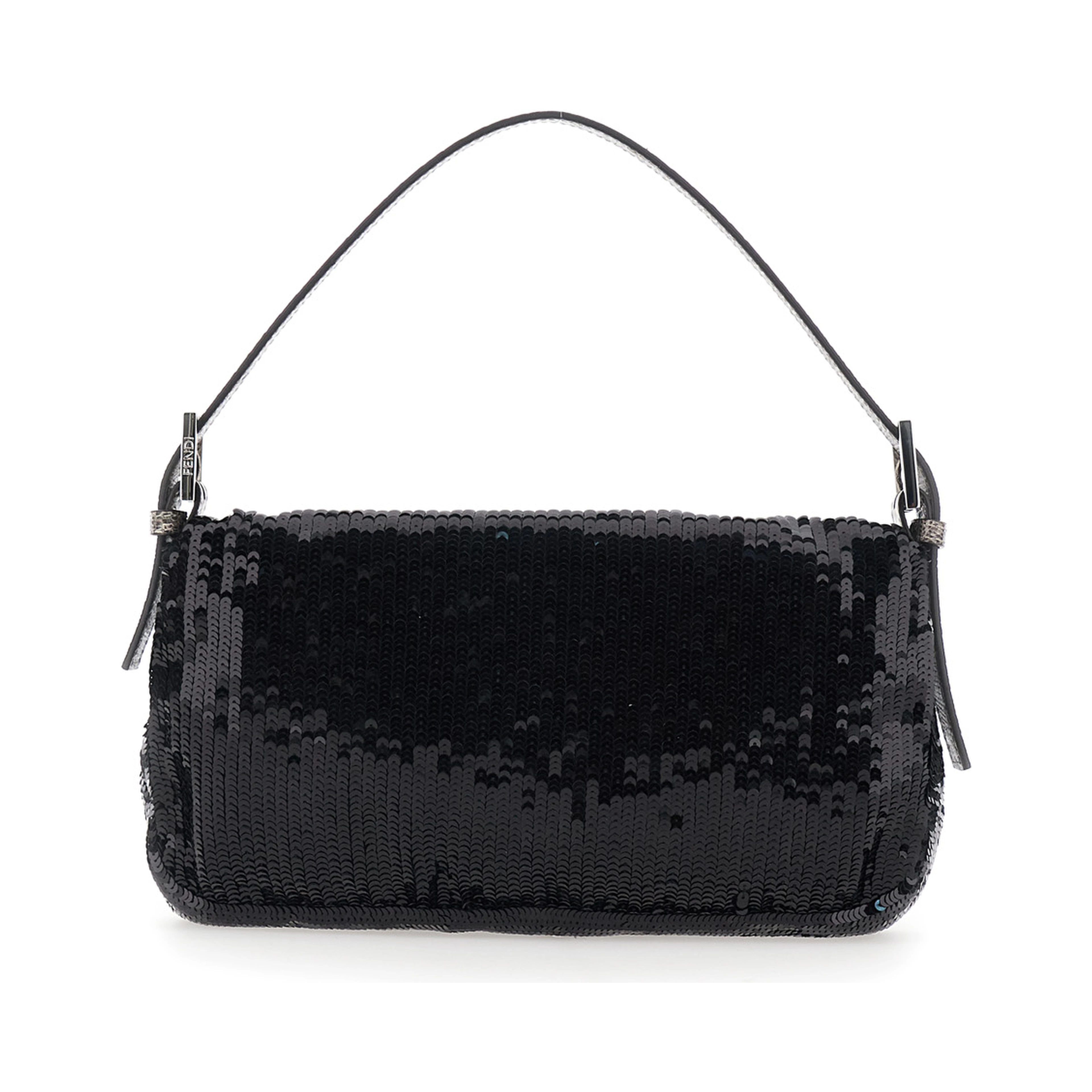Black Shoulder bag with All-Over Sequins and FF plate on the Front in Tech Fabric for Women