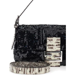 Black Shoulder bag with All-Over Sequins and FF plate on the Front in Tech Fabric for Women