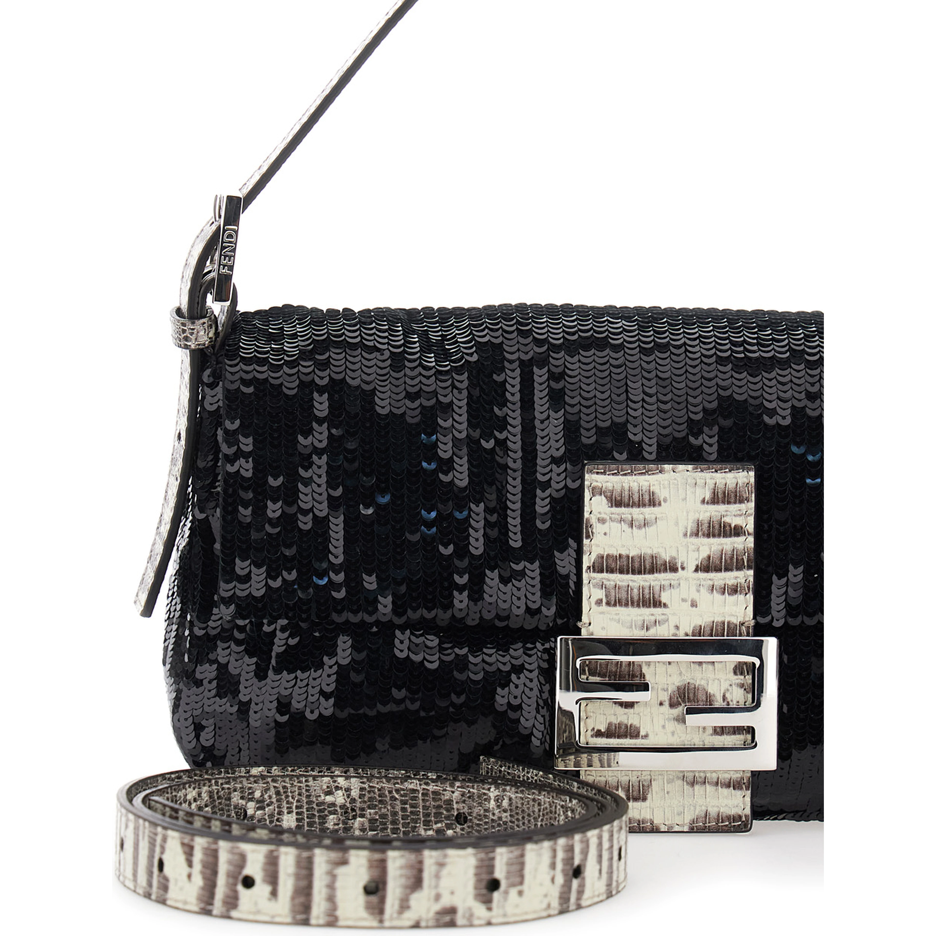 Black Shoulder bag with All-Over Sequins and FF plate on the Front in Tech Fabric for Women