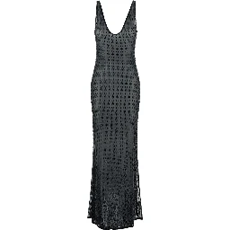 Malibu Dress with V-Neck and All-Over Crystal Decoration in Black Stretch Tech Fabric for Women