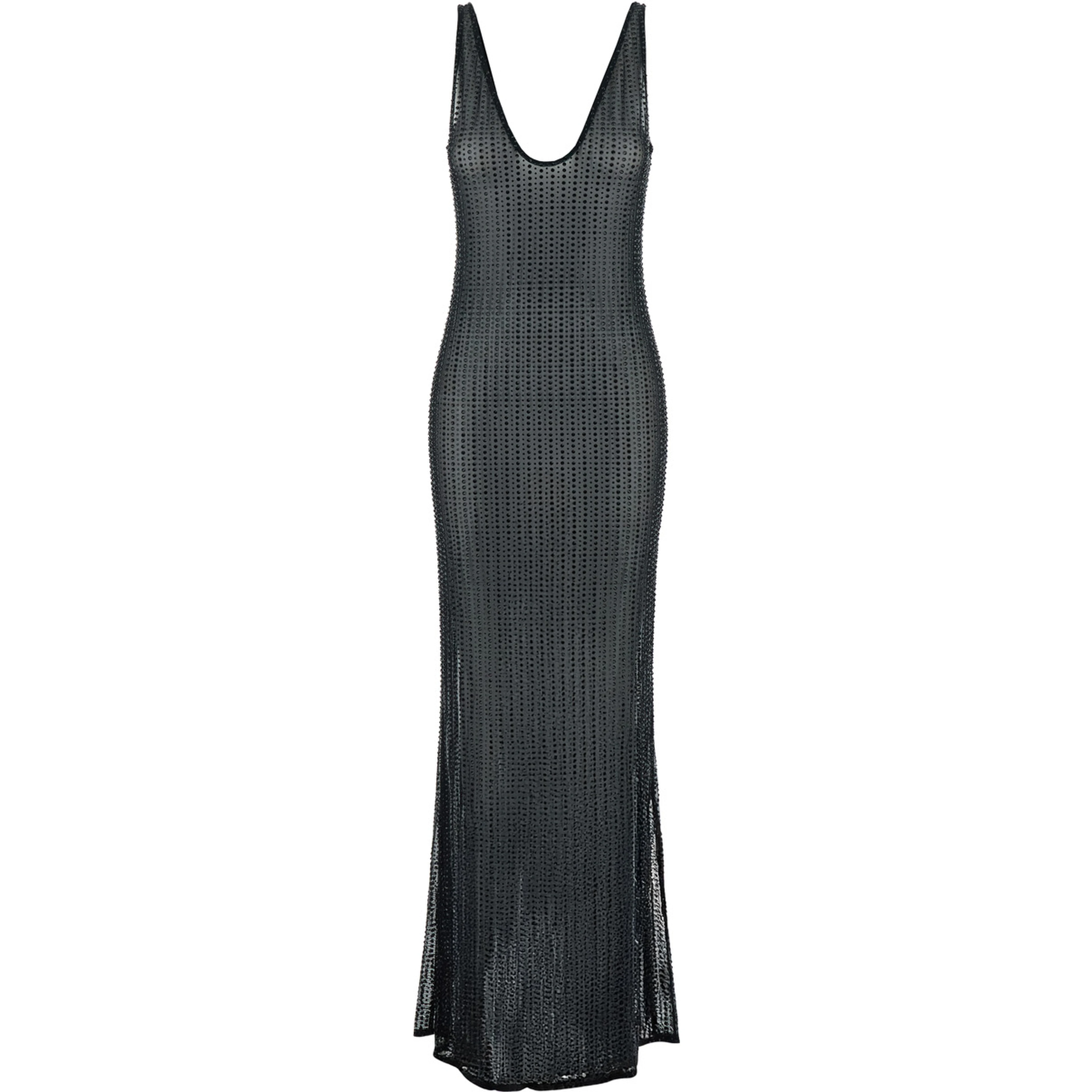 Malibu Dress with V-Neck and All-Over Crystal Decoration in Black Stretch Tech Fabric for Women