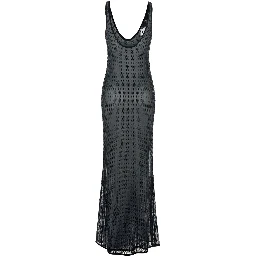 Malibu Dress with V-Neck and All-Over Crystal Decoration in Black Stretch Tech Fabric for Women