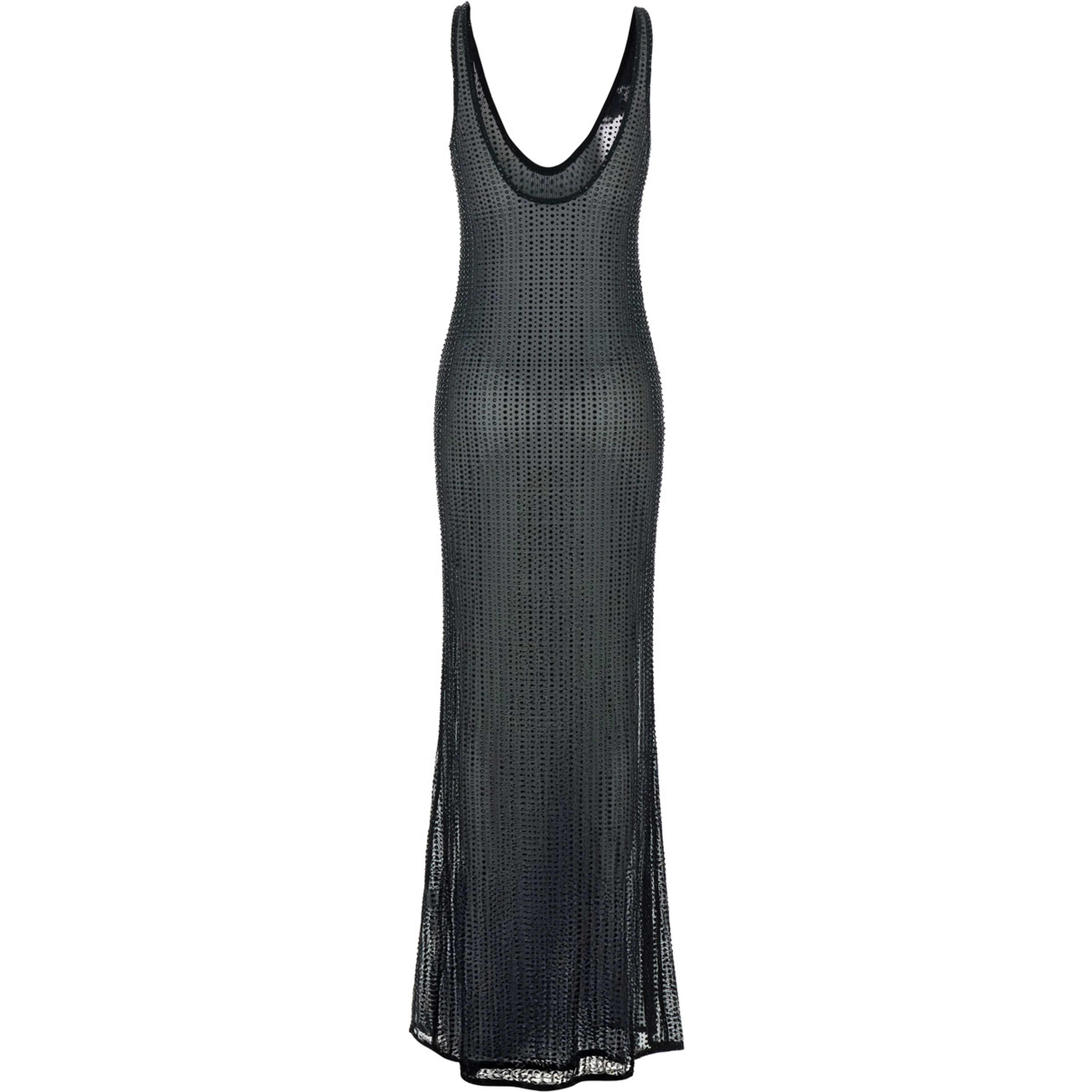 Malibu Dress with V-Neck and All-Over Crystal Decoration in Black Stretch Tech Fabric for Women