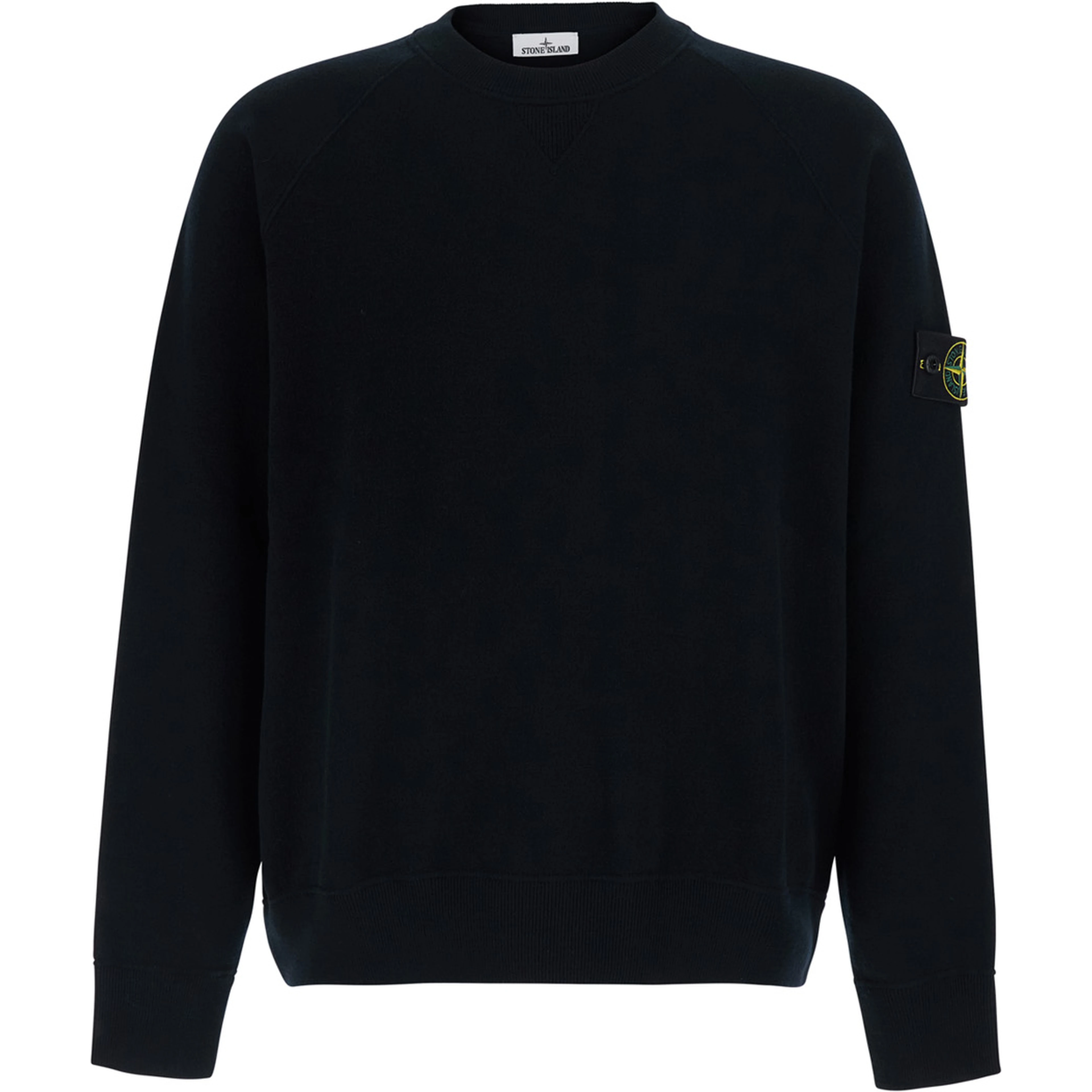 black crew neck sweater with logo patch on the sleeve in wool Blend men