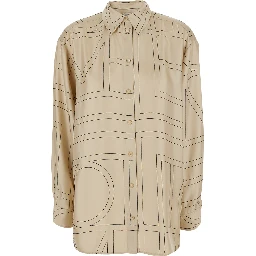 Beige Shirt with classic collar and all-over monogram embroidery in silk for women