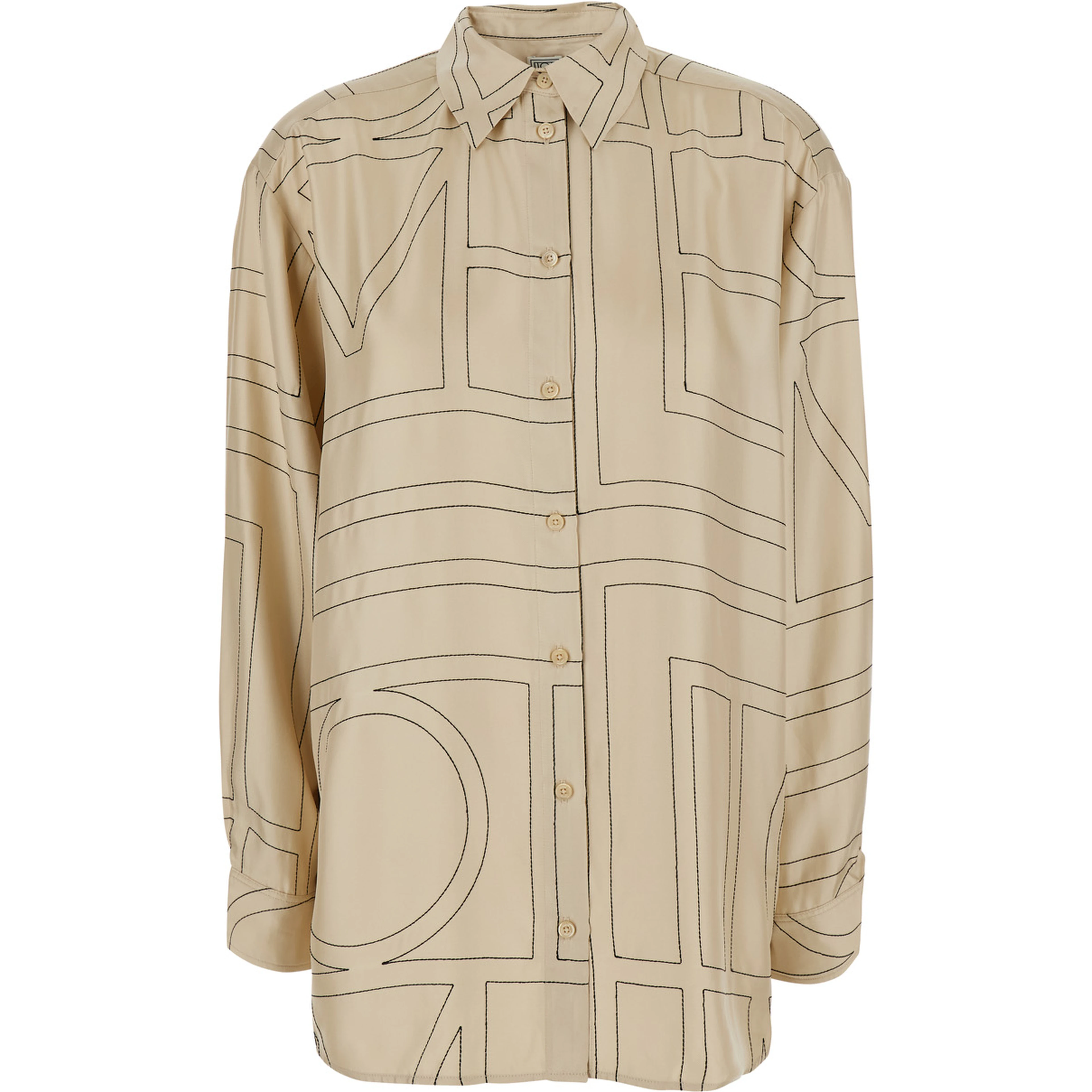 Beige Shirt with classic collar and all-over monogram embroidery in silk for women