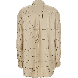 Beige Shirt with classic collar and all-over monogram embroidery in silk for women