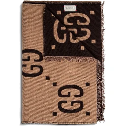 Scarf with GG Logo in Wool and Silk beige and brown for women