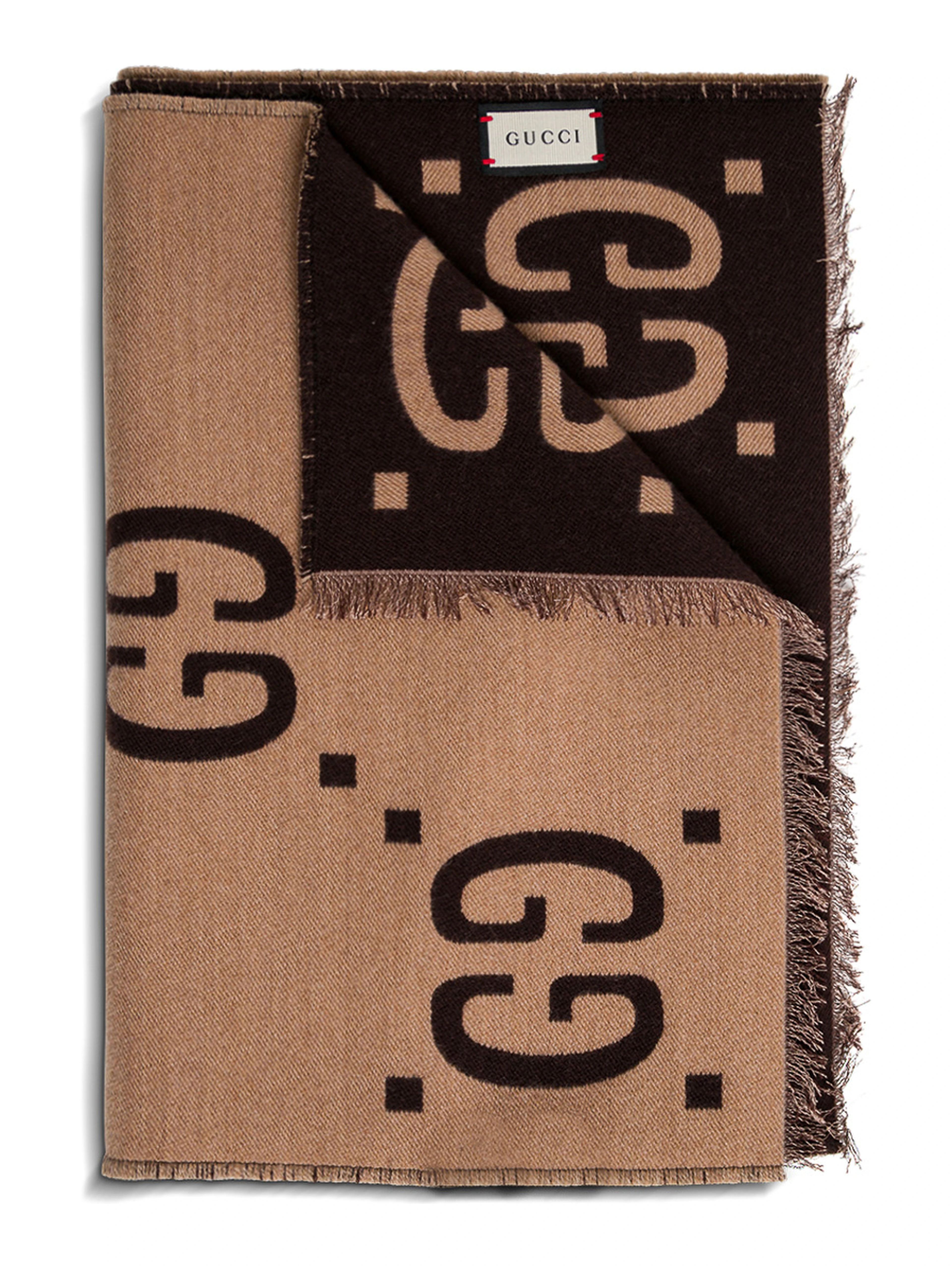 Scarf with GG Logo in Wool and Silk beige and brown for women