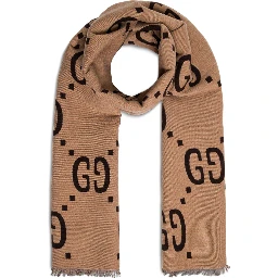Scarf with GG Logo in Wool and Silk beige and brown for women