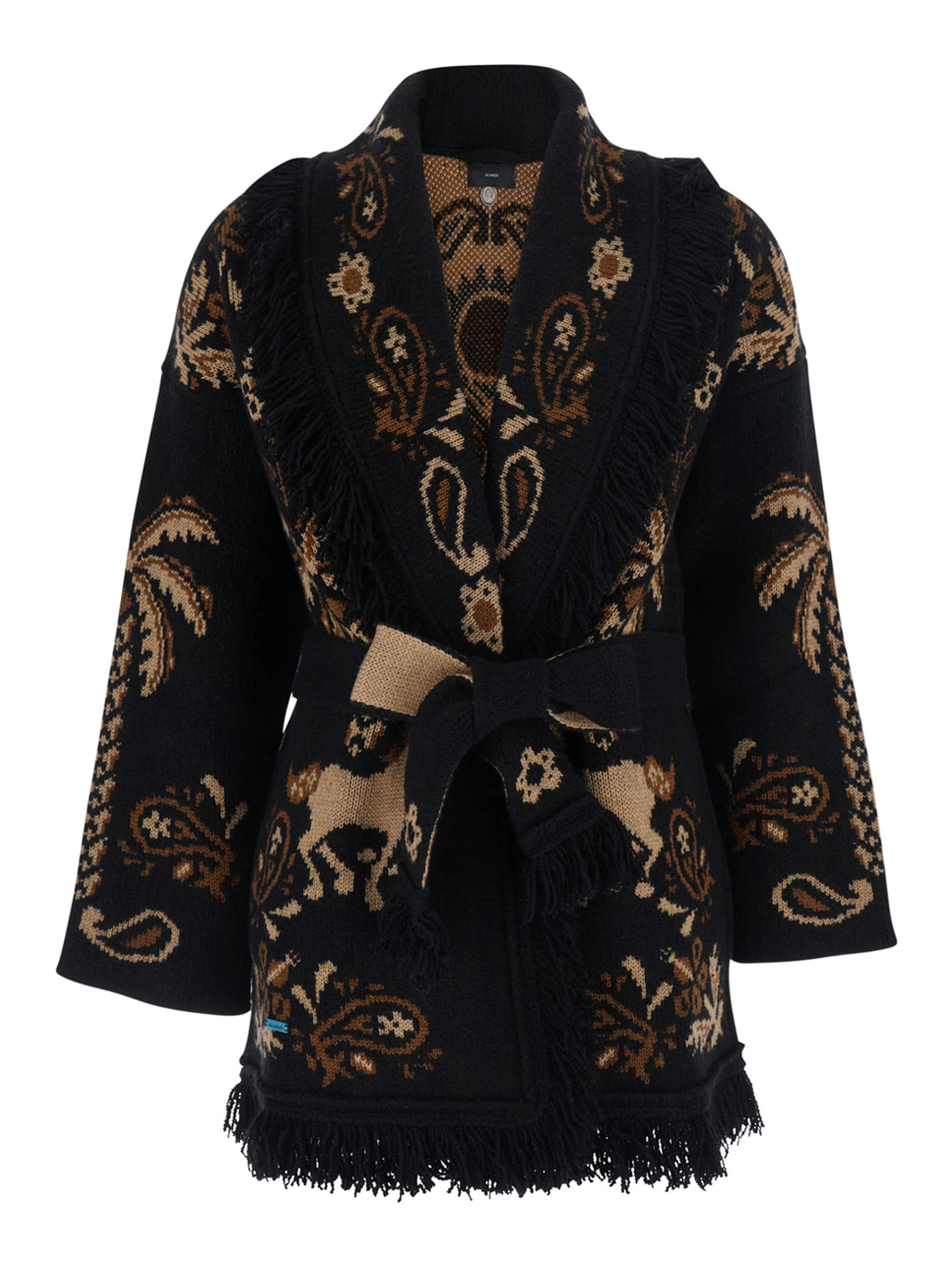 Island Roots Beige Cardigan with fringed hems and front belt in wool blend for women