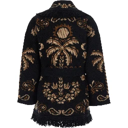 Island Roots Beige Cardigan with fringed hems and front belt in wool blend for women