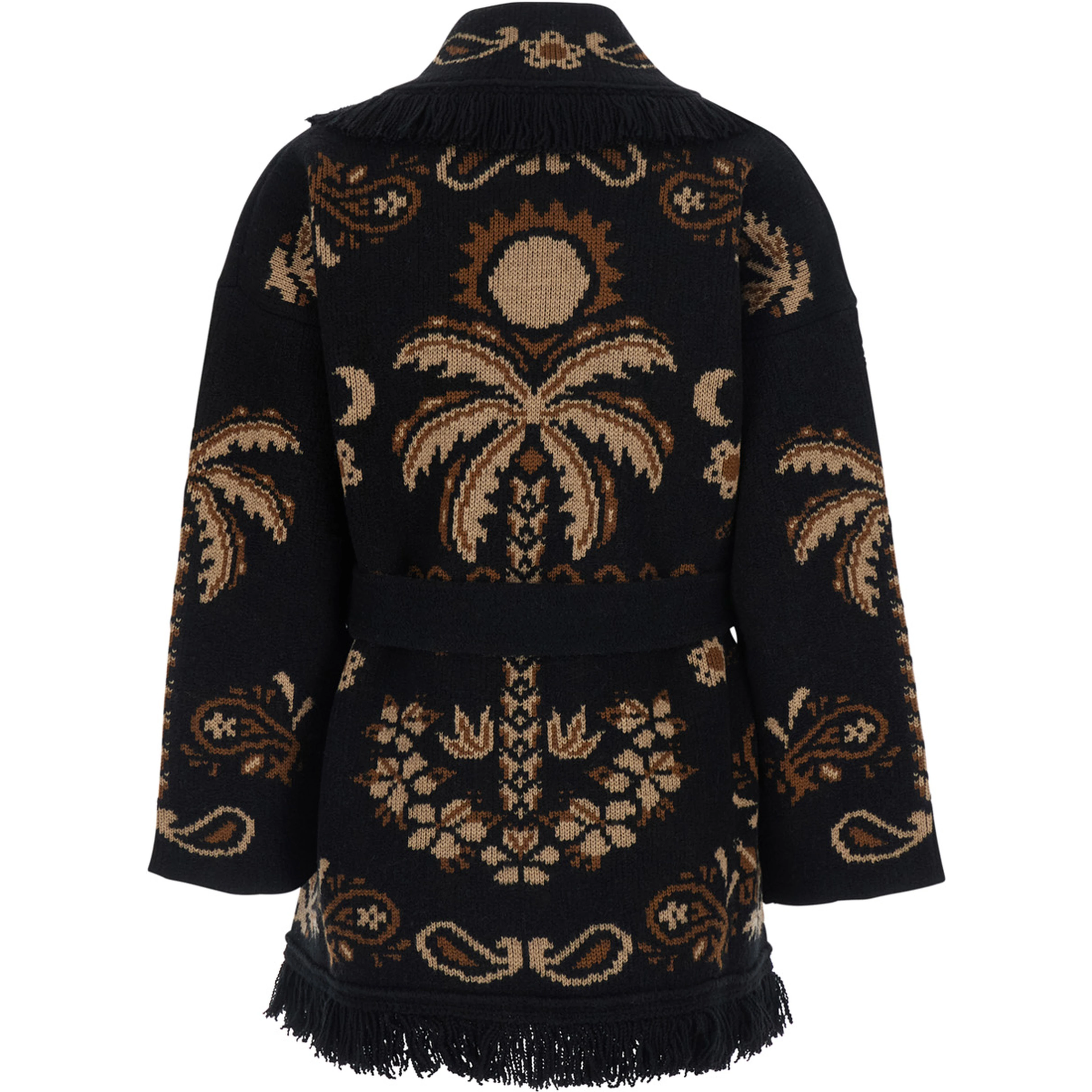 Island Roots Beige Cardigan with fringed hems and front belt in wool blend for women