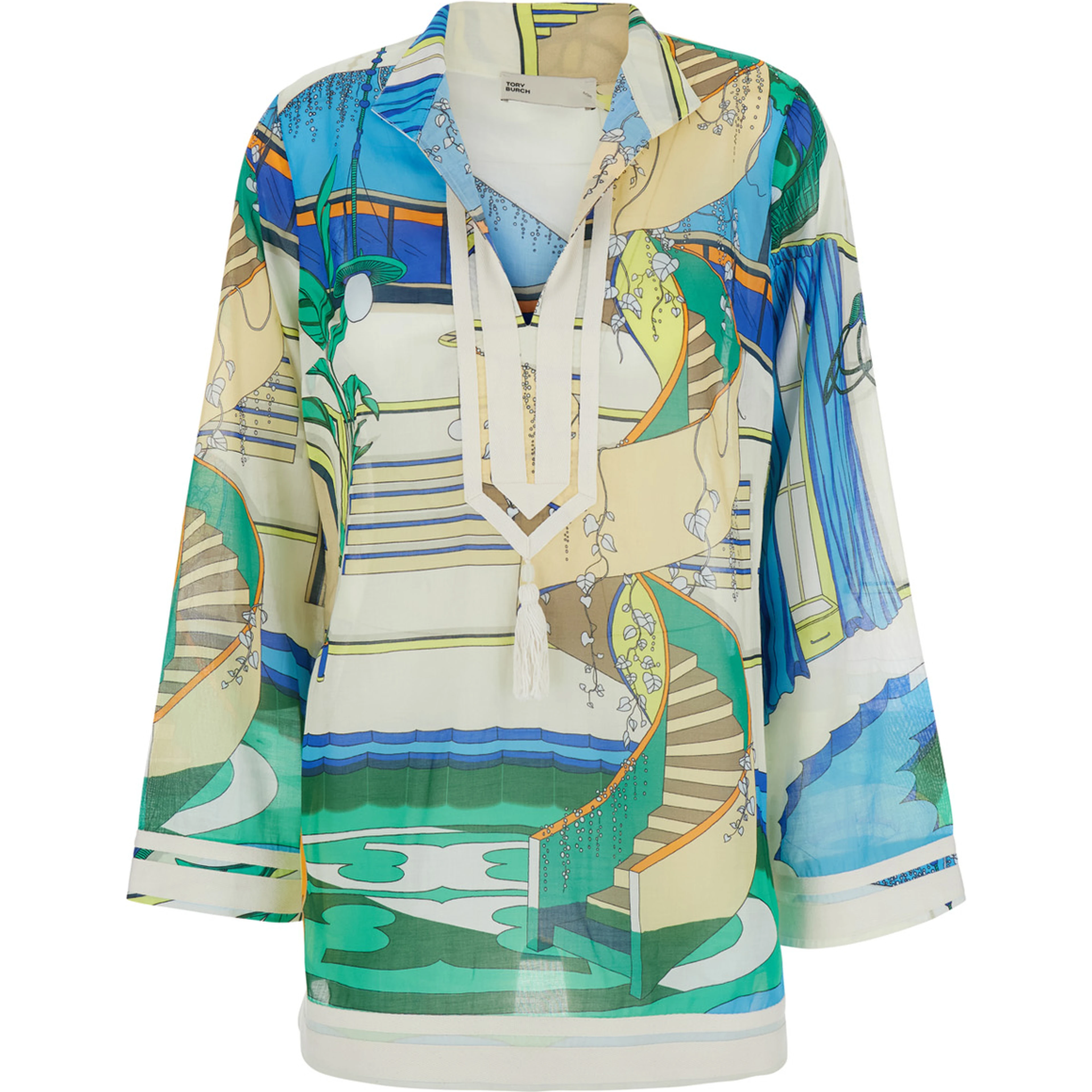 Blue Dress with V-neck and All-Over Print in Cotton for Women