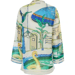 Blue Dress with V-neck and All-Over Print in Cotton for Women