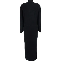 Midi knit dress with V-neck and long sleeves in black Tech Fabric for women