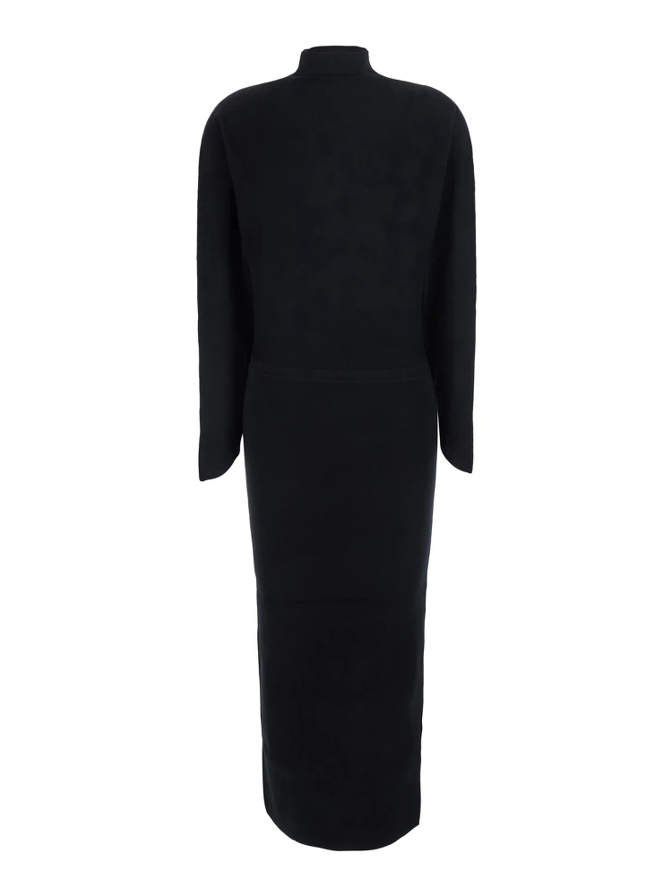 Midi knit dress with V-neck and long sleeves in black Tech Fabric for women
