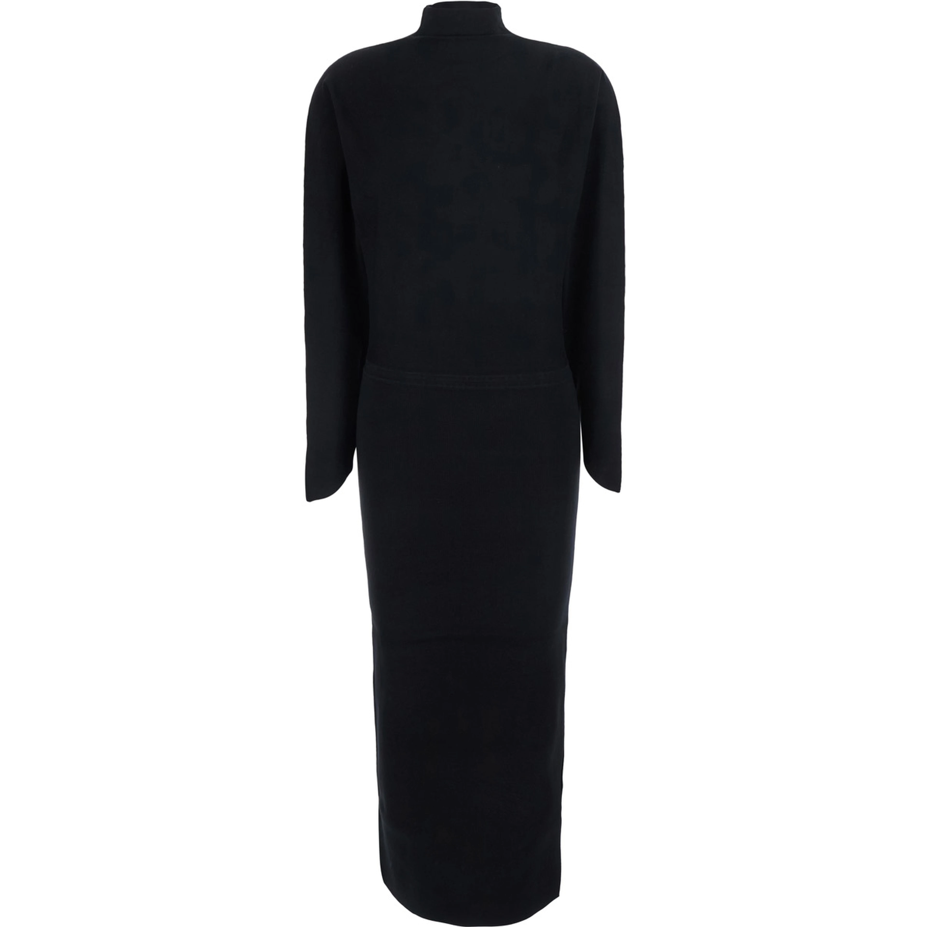 Midi knit dress with V-neck and long sleeves in black Tech Fabric for women