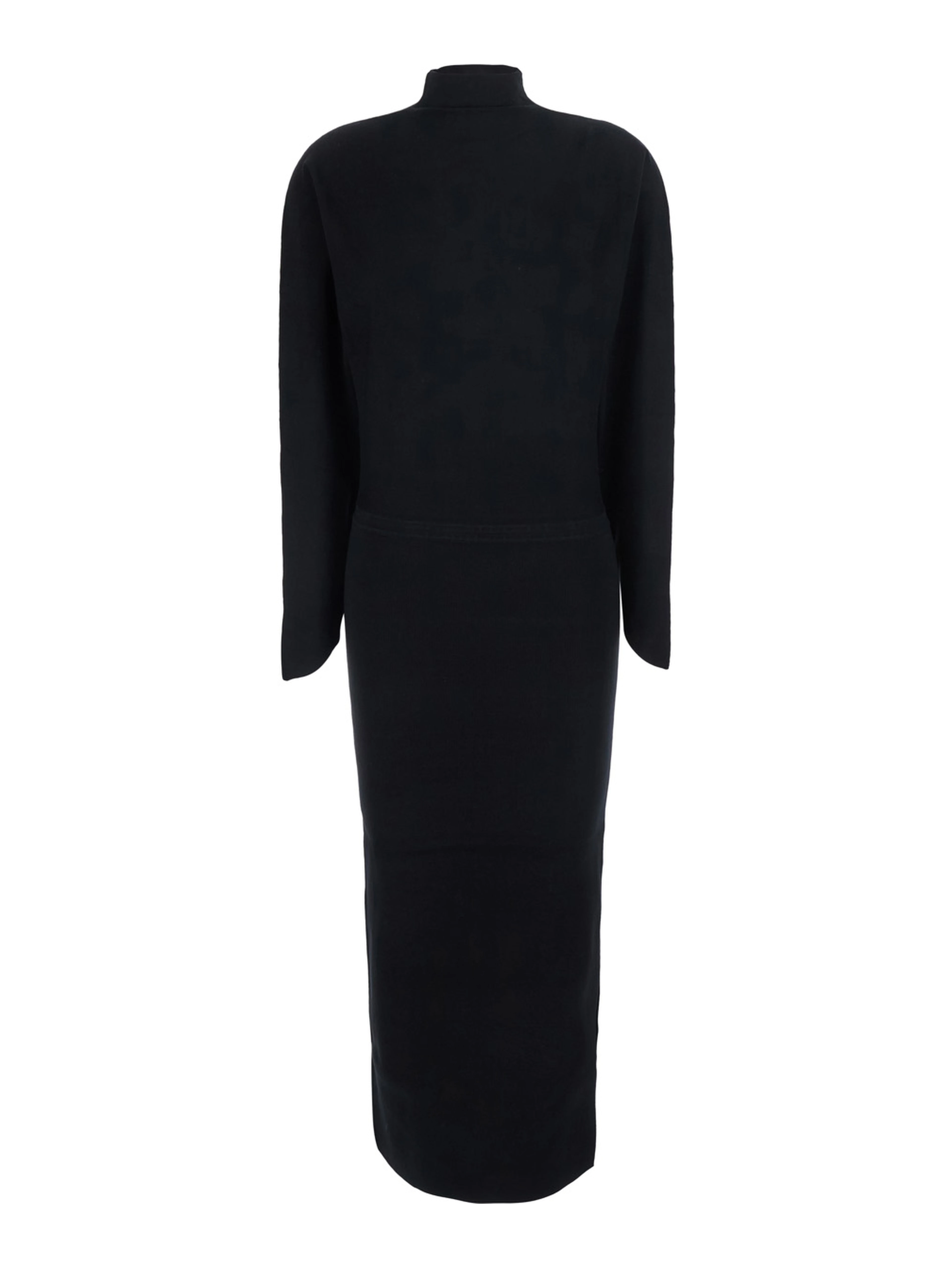 Midi knit dress with V-neck and long sleeves in black Tech Fabric for women
