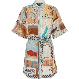 Michelle Multicolor Mini Dress with Classic Collar and All-Over Geometric Motif in Linen Woman