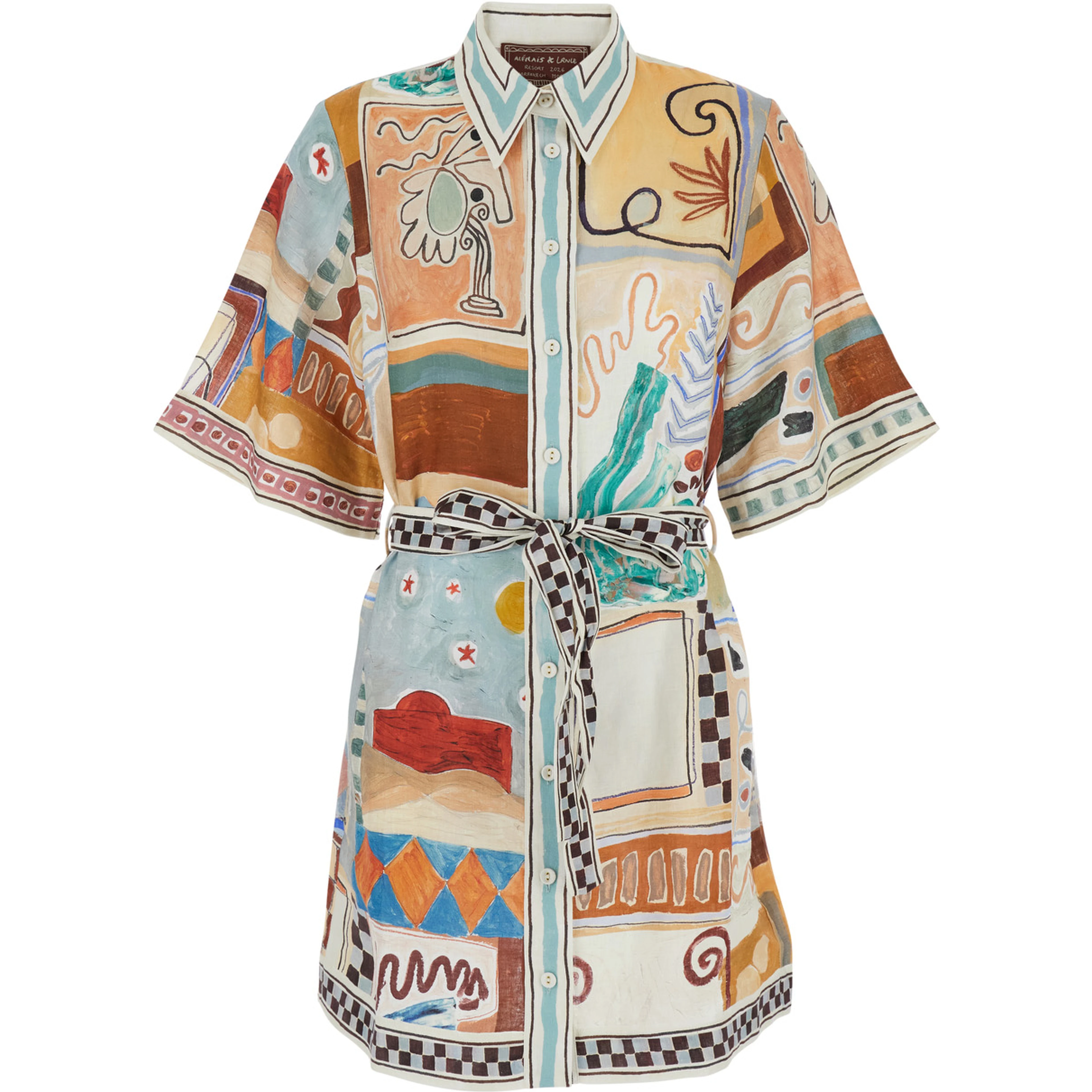 Michelle Multicolor Mini Dress with Classic Collar and All-Over Geometric Motif in Linen Woman