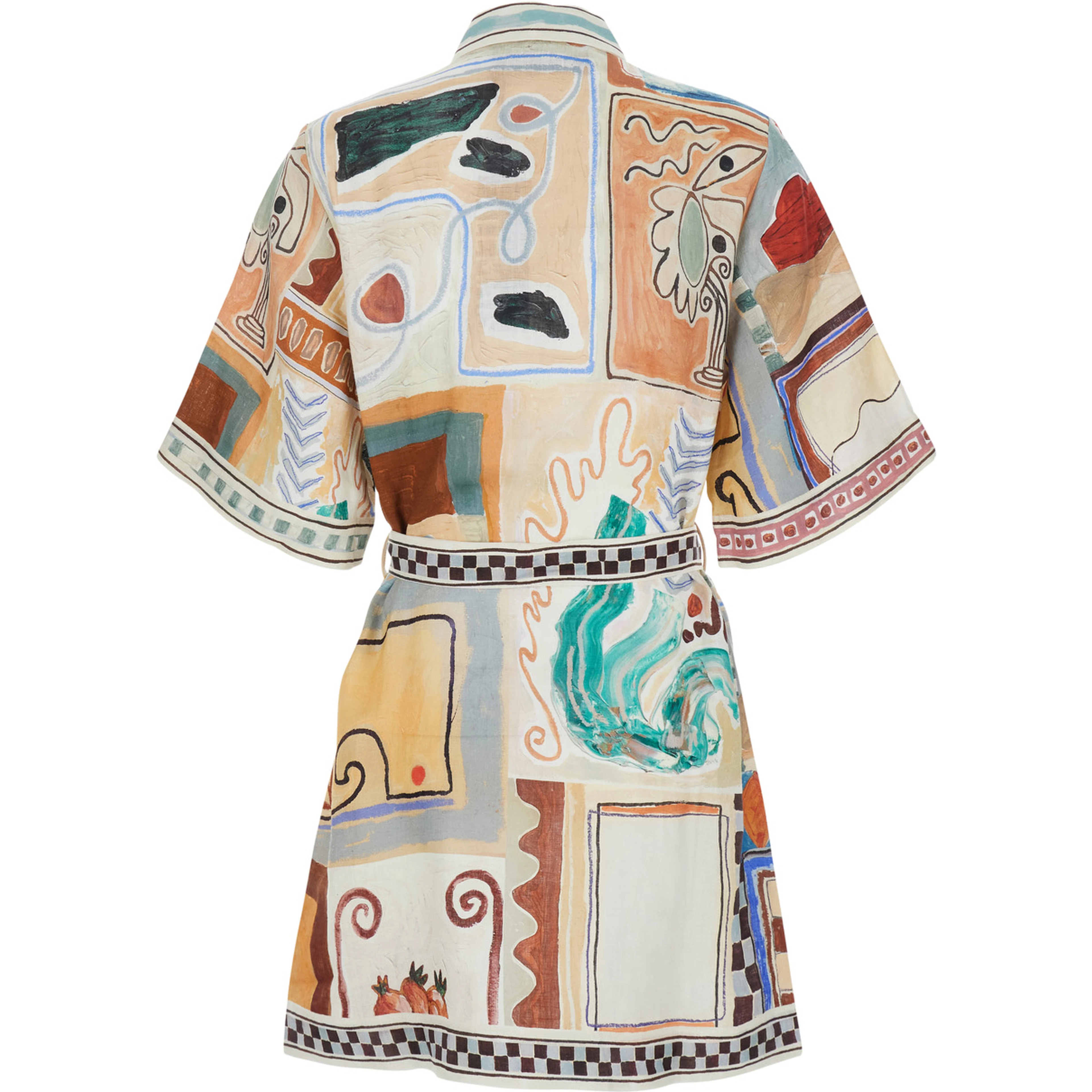 Michelle Multicolor Mini Dress with Classic Collar and All-Over Geometric Motif in Linen Woman