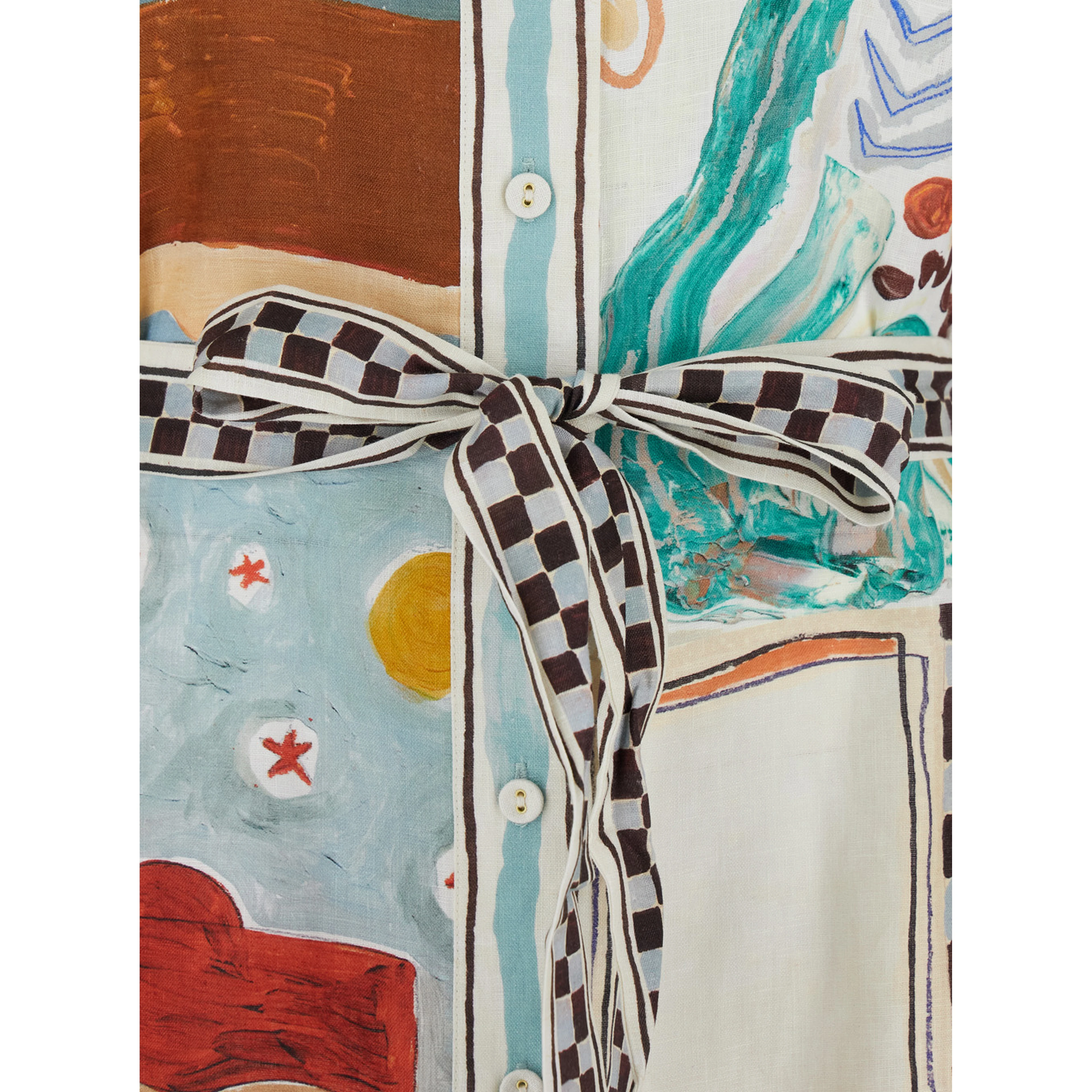 Michelle Multicolor Mini Dress with Classic Collar and All-Over Geometric Motif in Linen Woman