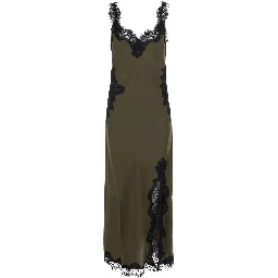 green Long dress with spaghetti straps and all-over lace details in fabric for women